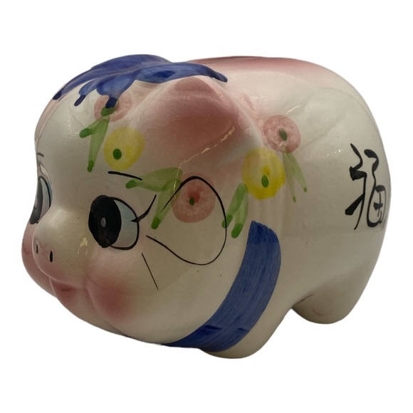 Vintage Hand-Painted Porcelain Piggy Bank with Floral Design - Lucky Charm - Picture 1 of 4